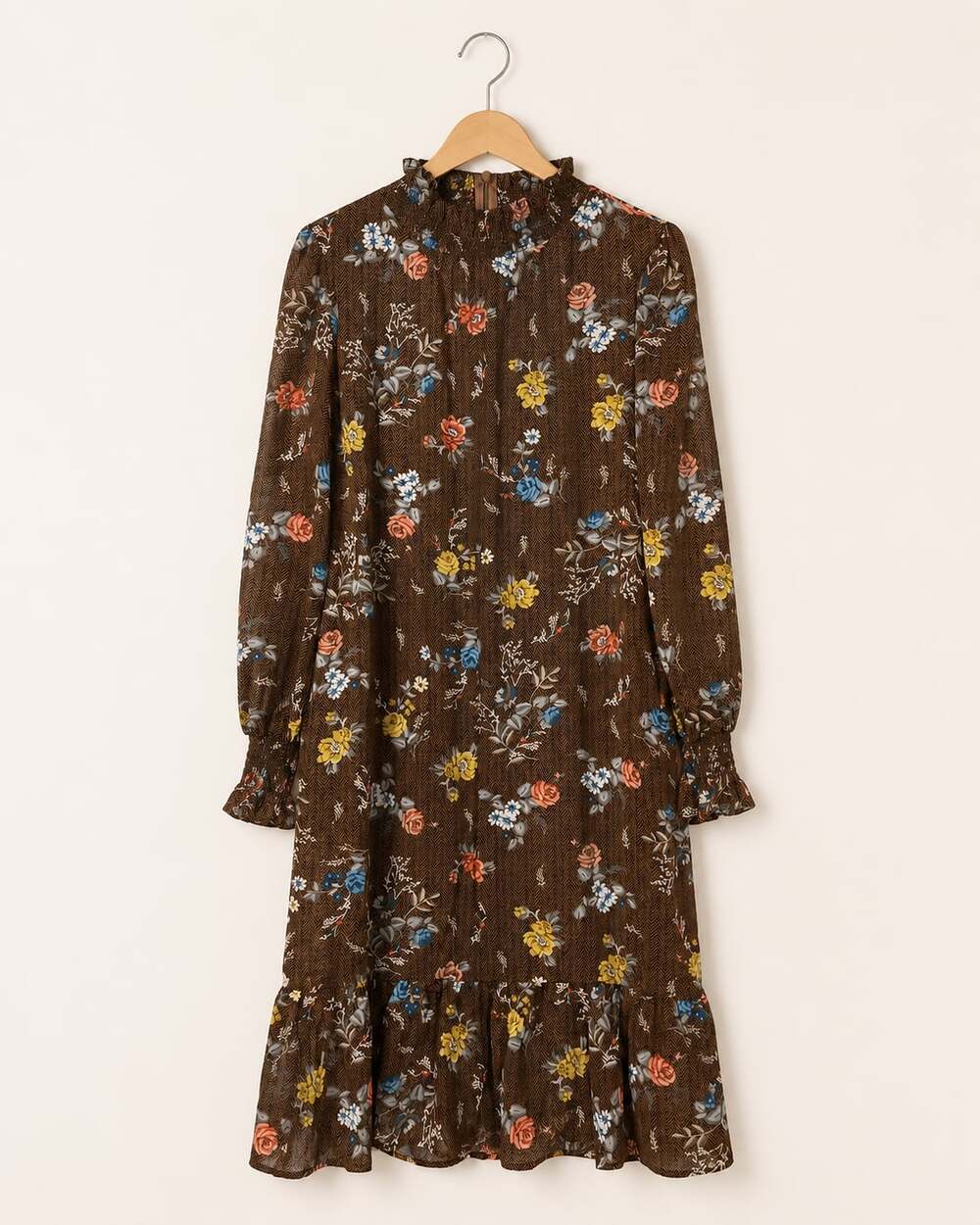 Vintage Retro Cottage Style Floral Ruffle Hem Long Sleeve Midi Dress Size M - Picture 2 of 7